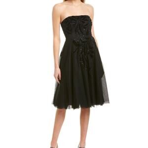 Aidan Mattox Black Strapless Tulle Cocktail Dress with Beaded Appliqué